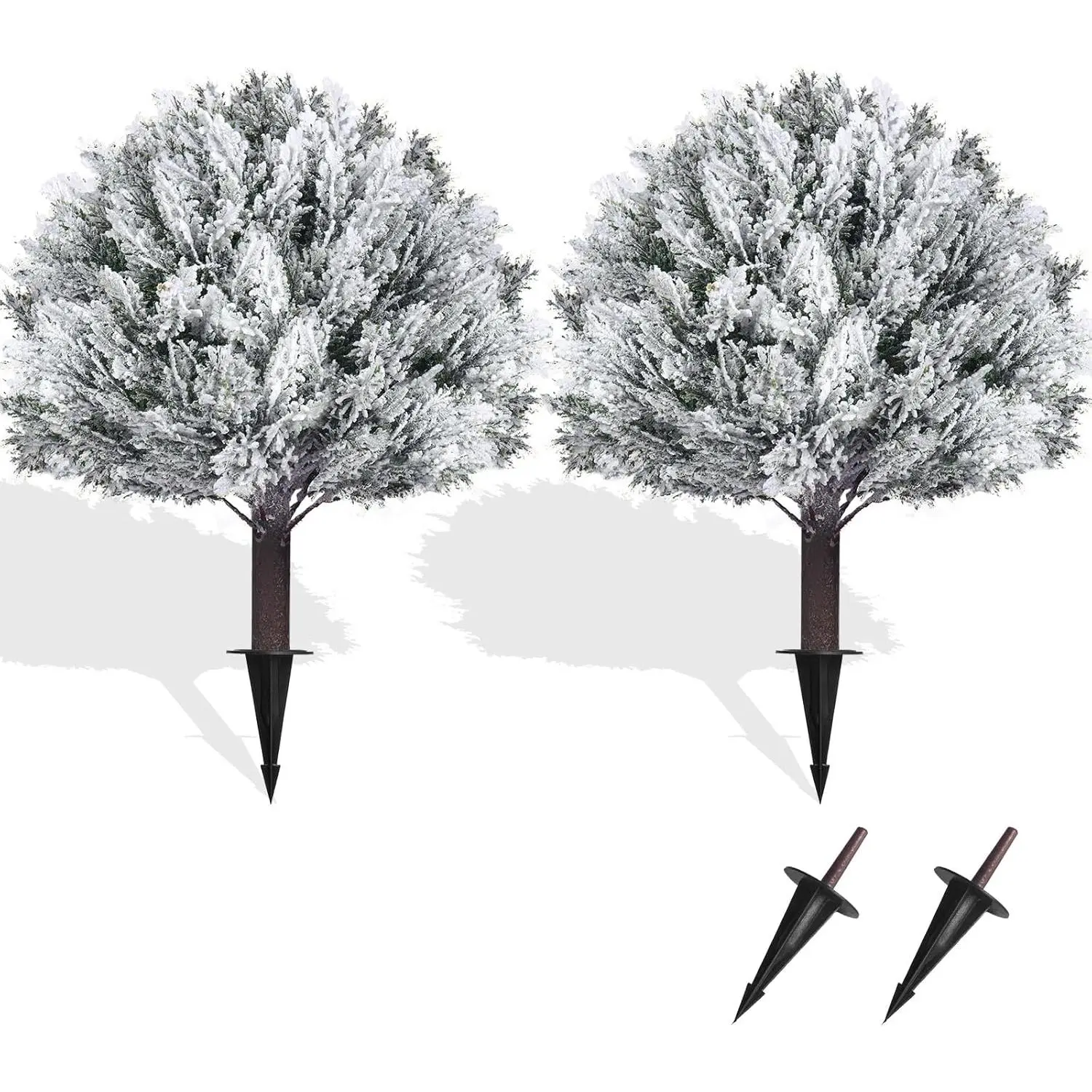 21in Artificial Cypress Topiary Tree with Ground Spike, Set of 2  Shrub Bushes Artificial  Outdoor Indoor for Porch Garden , Snow Flocked Full Tree