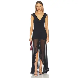 Runaway The Label Blythe V-neck Frill Maxi Dress in Black