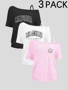 3 PACK Women's One Shoulder T Shirts 2026 Trendy Off Shoulder Short Sleeve Tees California Los Angeles Smiley Face Graphic Tops Casual Streetwear Going Out Outfits Soft Comfy Loose Fit Multi Color Set
