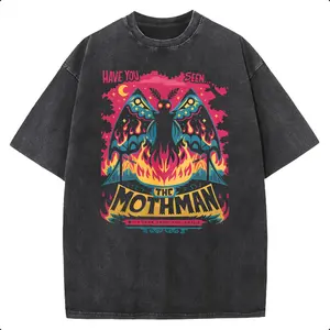 Holafish Men's & Women's Vintage Mothman Graphic T-Shirt - Heavyweight 230g Pure Cotton Streetwear Tee with Iconic West Virginia Folk Art Print, Loose Hip-Hop Fit, Sweat-Absorbent for all-Season Casual Wear summervibes