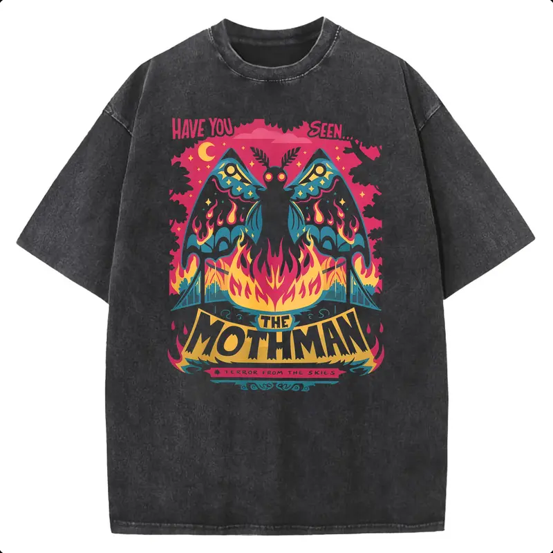 Sunland Women's Vintage Mothman Printed Tee Top - Heavyweight Pure Cotton Knit, Crew Neck, Short Sleeve, H-Type, West Virginia Folk Art Print, Loose Hip-Hop Fit, Drop Shoulder, Sweat-Absorbent, for Everyday Outdoor Casual Streetwear