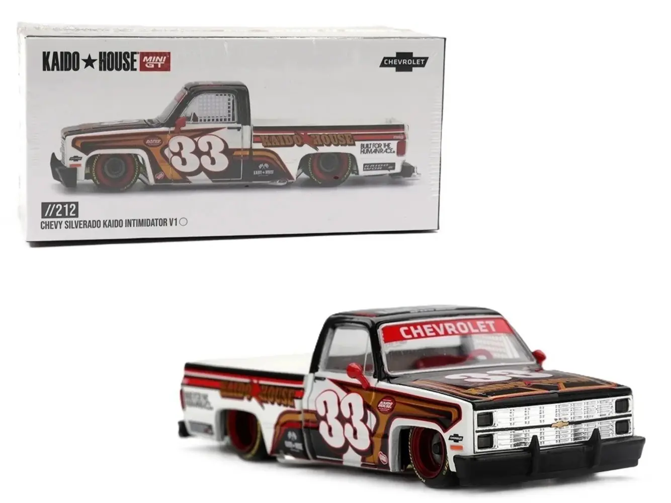 Kaido House x Mini GT 1:64 Chevrolet Silverado KAIDO Intimidator V1 White w/ Brown Two-tone KHMG212