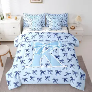 Feelyou 7-Piece Microfiber Cozy Blanket Set for Girls - Ultra-Soft Blue Bow Bedding, Teen Initial Comforter with Sheets, Coquette Alphabet Bed Bag, Preppy Dreamy Design