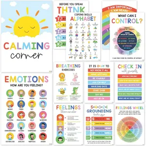 12 Calming Corner Classroom Posters (10x14) - Feelings Wheel Chart & Emotions Poster For Kids, Calm Down Corner Supplies For Therapy Office Decor, Mental Health Wall Decorations For Preschool, Visual Learning Tools
