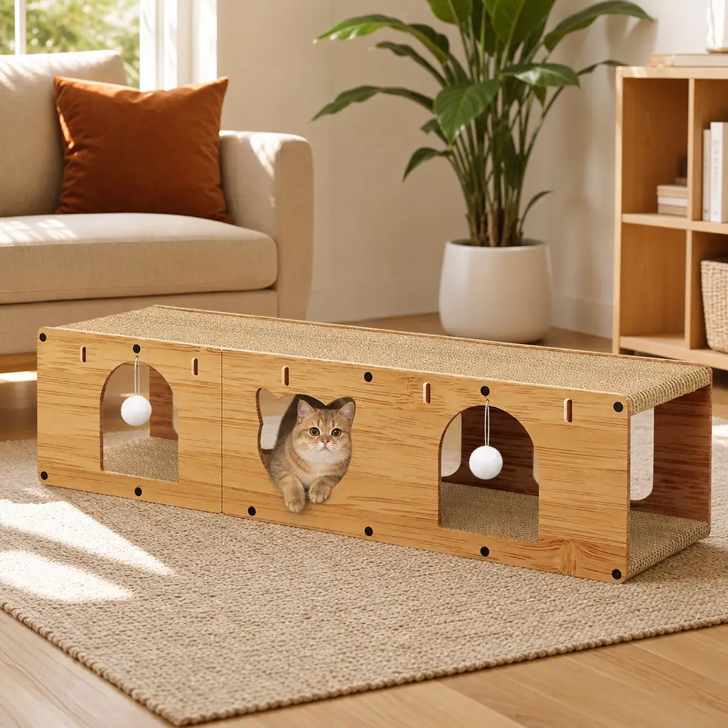 Durable wood multi-purpose cat house — 2-in-1 indoor cat furniture featuring a scratching board, vertical cat scratcher, spherical toy, pre-cut panels, and a large play rest area (small kitten bed and cat scratching game room).