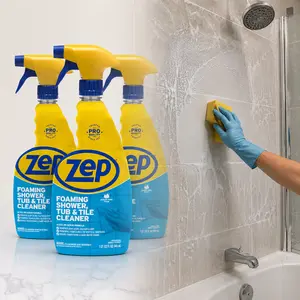 ZEP 32 oz. Power Foam Tub and Tile Cleaner, No-Scrub Bathroom Cleaner, Soap Scum Remover, Hard Water Stain Cleaner, Foaming Tile Cleaner, Limescale Remover, Acidic Foam Cleaner, Morning Rain Scent.