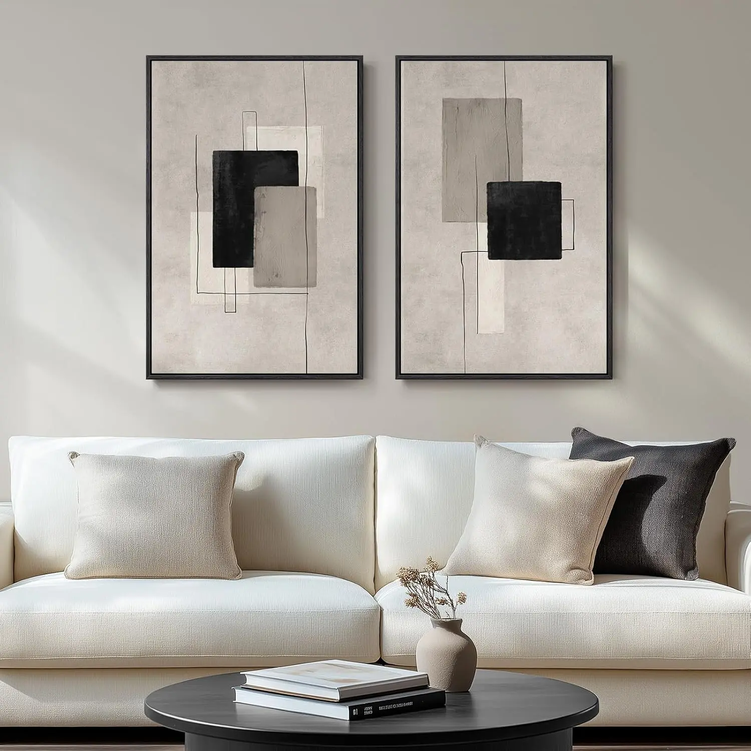 Large Framed Neutral Abstract Wall Art for Living Room, Set of 2 Black and Beige Modern Canvas Prints Paintings Artwork for Walls, Minimalist Block Lines Pictures for Hallway Office Wall Decor 24x36 In