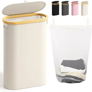 Slim Laundry Hamper with Lid, 60L Small Laundry Basket with Handles&Removable Bag, Thin Dirty Clothes Hampers for Laundry, Laundry Hampers for Bedroom, Beige