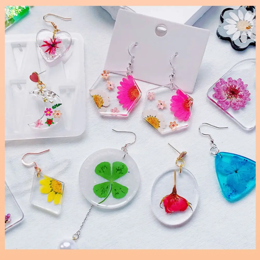 128 PCS Silicone Resin Earring Molds Kit with Connecting Rings, Dropper Glue for DIY Jewelry Making, Heart, Flower, Square, Teardrop, Crescent-Shaped Molds with Holes for Necklaces, Keychains, Creative Markets Gifts