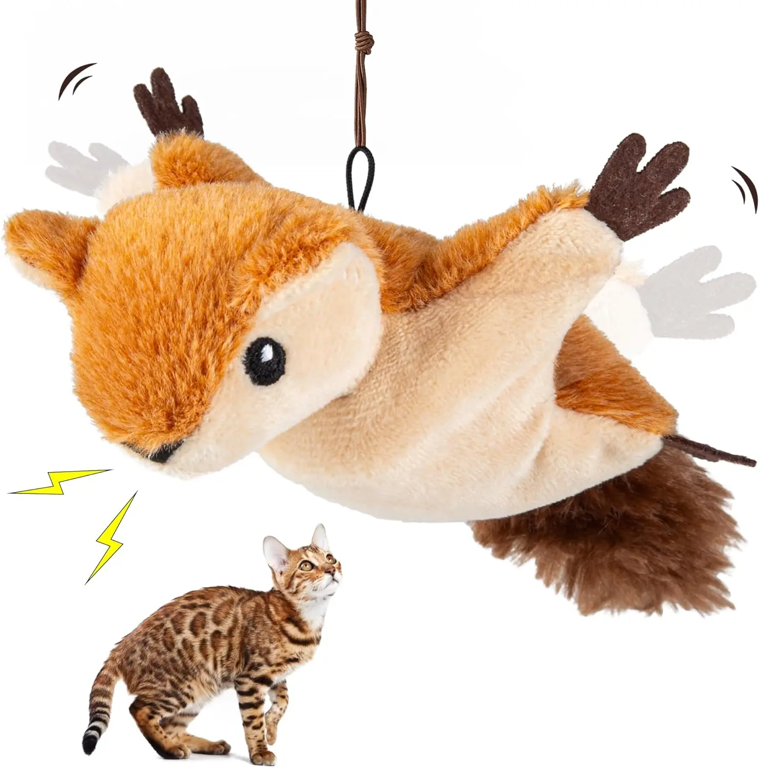 Flapping Squirrel Interactive Cat Toys for Indoor Cats Rechargeable Cat Toy with Vivid Chirping, Automatic Cat Toy with Catnip for Kitten Exercise Hanging Toy for Kitty Self Play