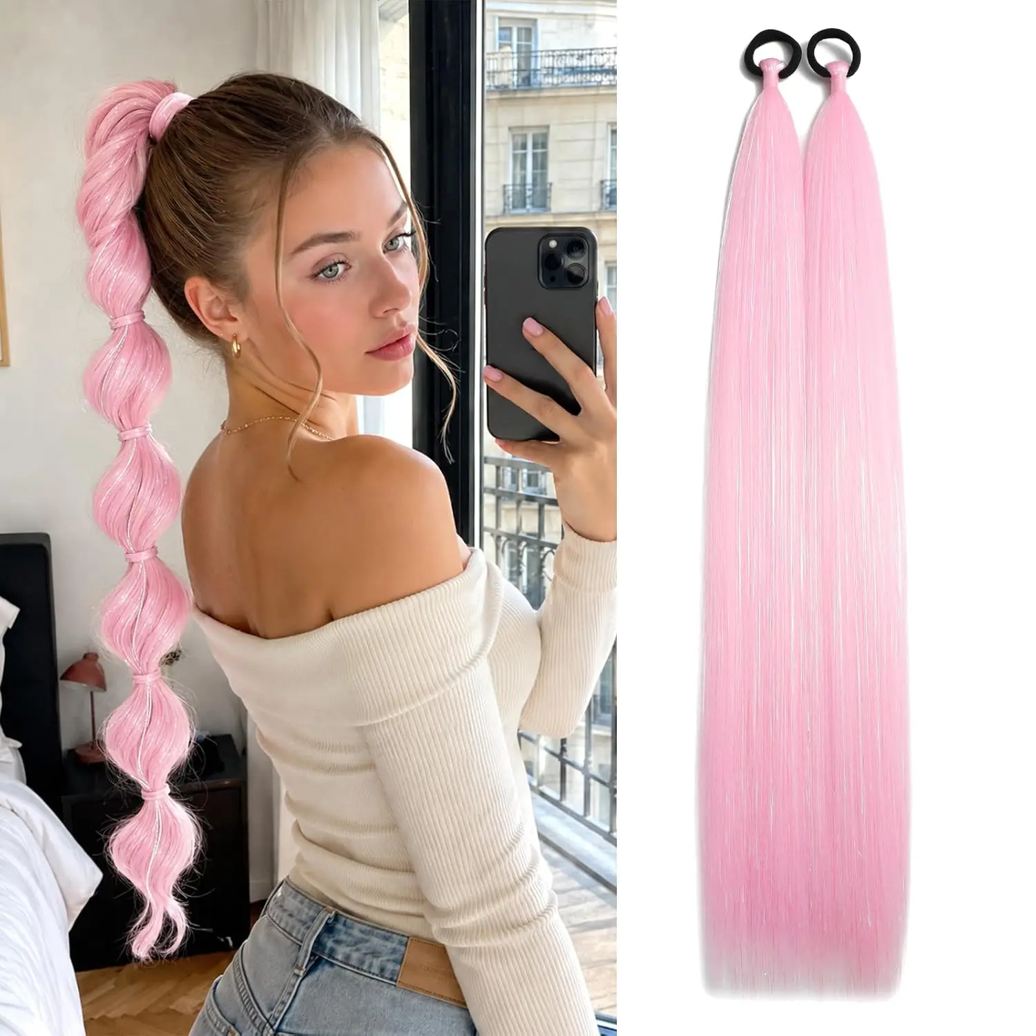 2Pack Pink Tinsel Braided Hair Wrap String Ponytail Extension With Hair Tie, Synthetic Colored Hair Tinsel Extensions, Reusable Bubble Ponytail Hair Accessory For Party Festival Daily Styling, 2Pcs Pack Silky Soft Glitter Braids Hair Pieces
