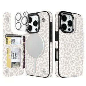 uCOLOR MagSafe Phone Wallet Case for iPhone 16 Pro, 6.3" Folio Flip PU Leather Design with Card Holder Slot, Camera Lens Protector (Beige Leopard)