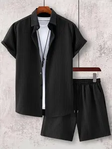 Men's Striped Print Button Up Shirt & Shorts Set, Regular Fit Casual Short Sleeve Collared Top & Shorts, Men's Summer Clothes for Daily Wear