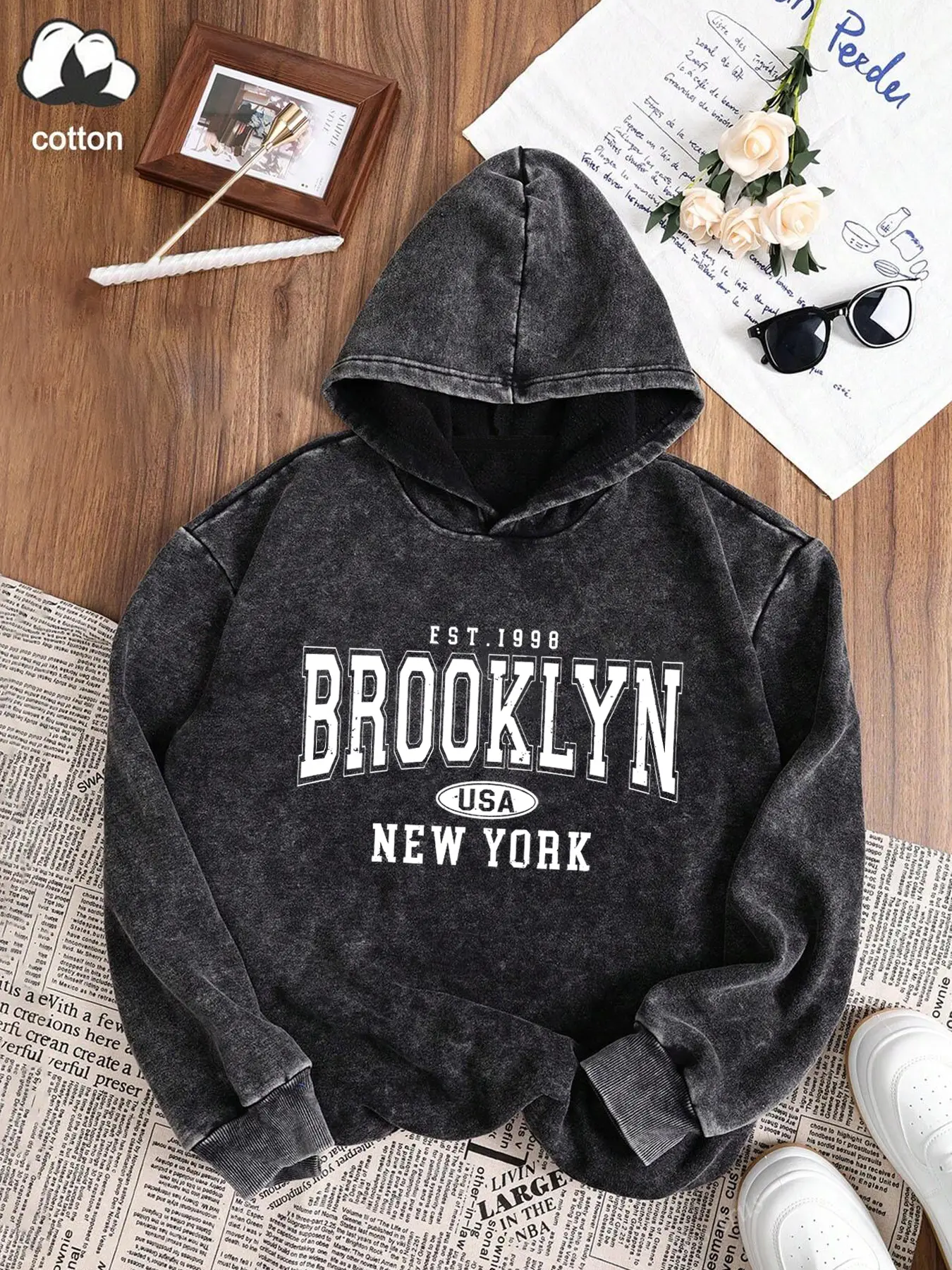 Women's Washed Distressed Hoodie, Brooklyn Letter Print, Comfortable Fashion, Casual Loose-Fitting Long Sleeve Top, Spring & Fall Wear