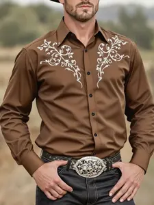 Men's Western Fashion Band Collar Shirt Csyj38, Printed Design, Slim Fit Long Sleeve Button Front, Casual Button Collared, Casual & Formal Wear