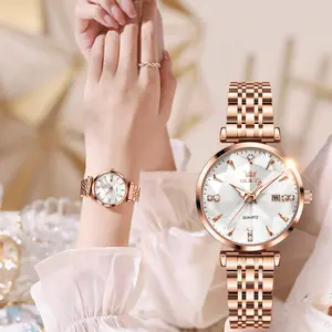 OLEVS L5536 Women's Rose Gold Stainless Steel Watch Waterproof Quartz Analog Luminous Dial Luxury Diamond Small Wristwatch Fashionable Ladies Watch