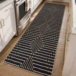 Maze Lines Easy Jute Washable Runner Rug, 2x8 Runner Rug for Hallway, Non Slip Indoor Rugs for Entryway Indoor, Black Low Pile Front Door Carpet for Laundry