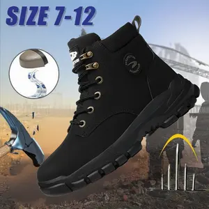 Men's Solid Color Classic High Top Plain Toe Durable Safety Boots, Comfy Non-Slip Lace Up Work Shoes Anti-Smashing Anti-Stab