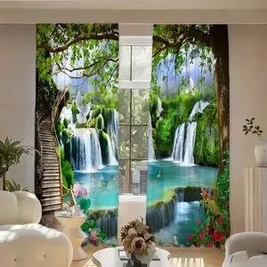 2pcs Creative Waterfall Print Curtains, Light Blocking Shades, Polyester Fabric, Kitchen Bedroom Office Living Room Decor, Door Curtain (rodless)