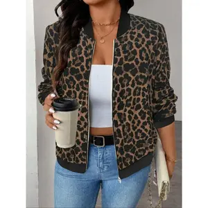 Plus Size Women Lightweight Long Sleeve Zipper Casual Leopard Print Baseball Jacket, Comfortable and Stylish Outerwear for Everyday Wear