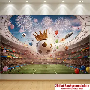 1PC,2D Flat World Cup Football - themed Door Banner, Festival Decoration Tapestry, Football Field with Fireworks & Balloons for Party Setup, Indoor & Outdoor Wall Decor, Backdrop for Football F
