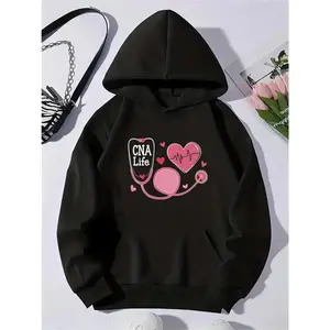 Women's CNA (Certified Nursing Assistant) lifestyle with a focus on healthcare and compassion, highlighted by heart and stethoscope motifs Graphic - Cotton Blend Black Long Sleeve Pullover Regular Fit | Soft & Breathable Fabric, Durable Print, Everyday