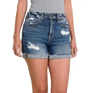 PLUS/REG DISTRESSED CUFFED RAW HEM DENIM SHORTS