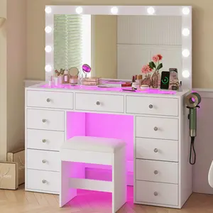 Vanity Desk with Illuminated Mirror & Power Outlet,Vanity with 11 Drawers and 12 LED Lights,Vanity Table with Chair,Set 3 Lighting Modes Brightness Adjustable