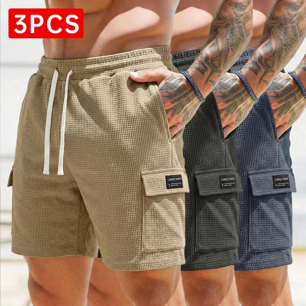 3-pack men’s waffle cargo shorts with a drawstring elastic waistband—breathable and comfortable, slimming and versatile, featuring textured fabric and multiple pockets—ideal for everyday summer outings.