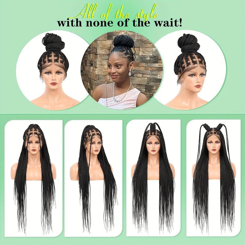 Black Hand Braided 40" Box Braided Wigs with Baby Hair Knotless Cornrow Braids, Lace Front, Full Double Lace Front Braid Wig for Women