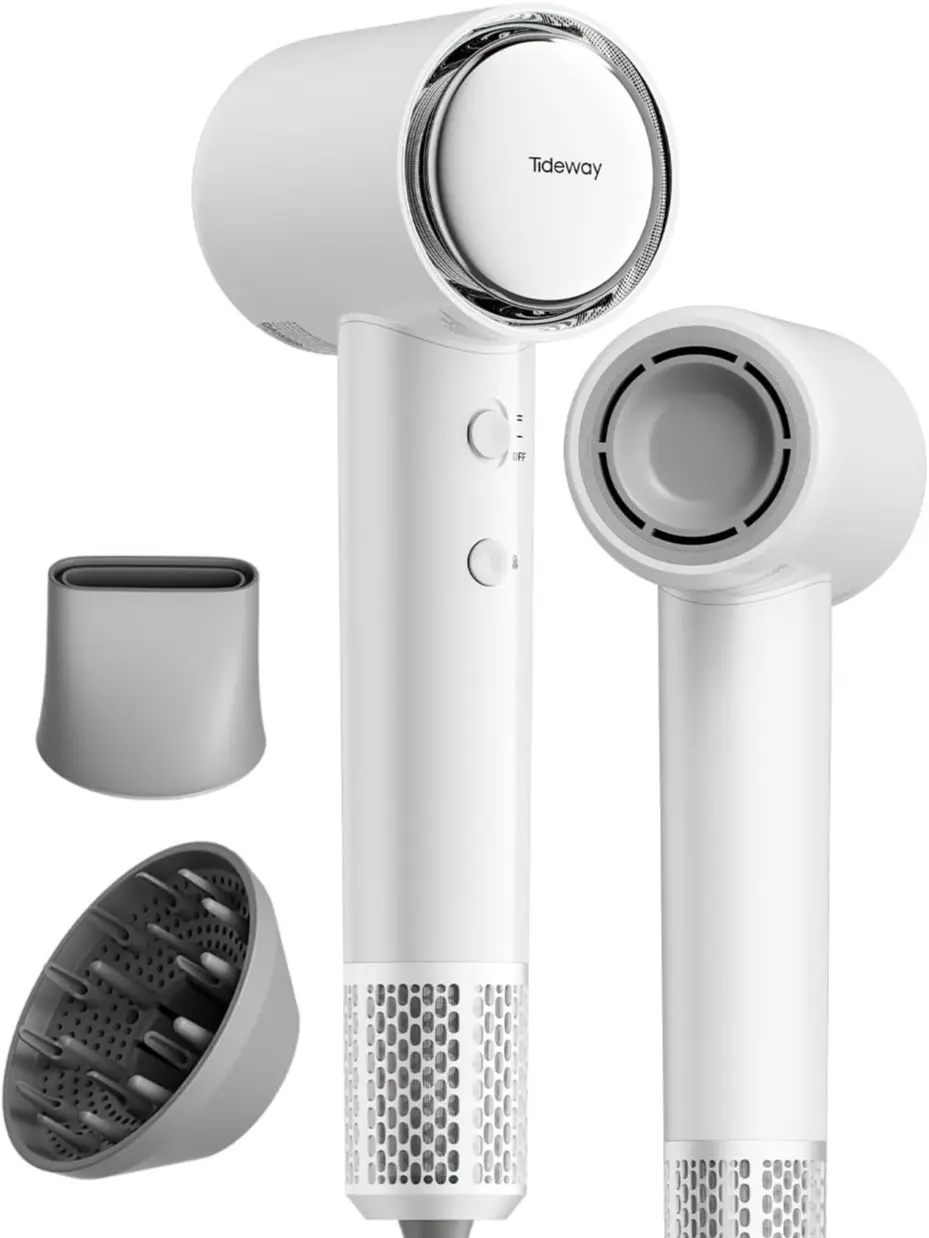 Tideway Hair Dryer, Blow Dryer with Diffuser, Ionic Professional High-Speed 1500W Low-Noise, 110,000 RPM Brushless Motor, Fast Drying, Travel Compact for Women & Men (White)