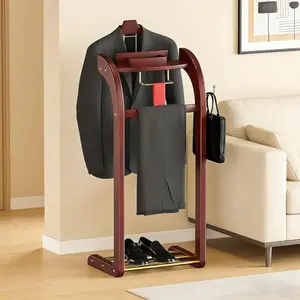 Wood Valet Stand with Base - Premium Suit Valet Stands for Women and Men, Wardrobe Suit Valet Stand Organizer with Trouser Bar, Tie Bar, and Shoe Shelf for Office and Living Room, Reddish-Brown