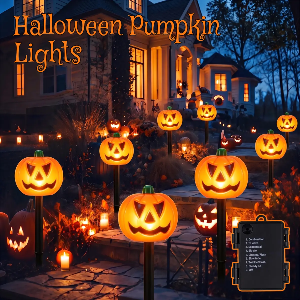 Outdoor Halloween Pumpkin Pathway Stake Lights, 8-LED Jack-O-Lantern Connectable Waterproof C7 Fixtures for Garden Walkway Decor