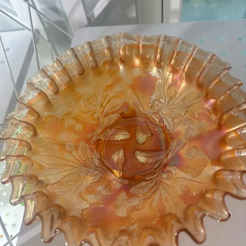 F-e-n-t-o-n Marigold Iridescent Carnival Glass Ruffled Crimped Thistle Bowl