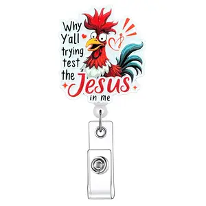 Rooster Design Retractable Badge Reel, Acrylic ID Holder with Clip for Nurses, Doctors, Students & Office Staff, Identification Badges & Supplies