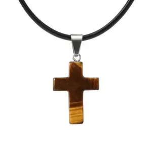 Natural Stone Cross Necklace on 7.5" Leather Rope – Healing Crystal Jewelry by Nati Love's Creations