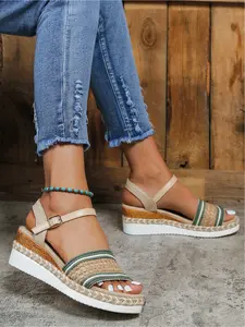 Women's Plus Size New Summer Open-Toe Multi-Color Wedge Heel Thick-Soled Buckle Sandals for Outdoor Comfort, Everyday Casual Versatile Country Style Wedge Heel Thick-Soled Sandals, Casual Espadrille Sandals