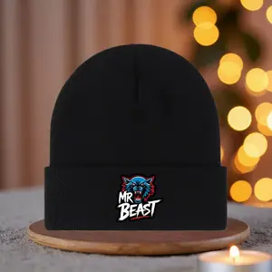 S&T Mr Beast Wolf Logo Knitted Hat, Autumn and Winter Wool Hat, Comfortable Lightweight Winter Ski Hat Unisex, Stylish Urban Beanie, Dad and Mom Autumn Winter Vacation Cold-Proof Warm Elastic Brimless Hat, Papa Outdoor Hiking Hat, Head Wrap Fishing Hat