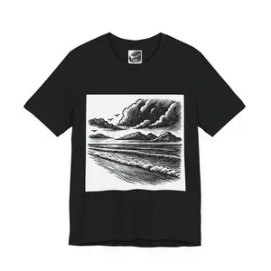 Men's Cotton Round Neck Short-Sleeve Knit T-Shirt - Casual, Soft, Breathable, Ribbed, Original Ocean Shore Sketch Print Graphic Art by Galit Aura, Beach Waves Map Illustration