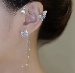 2pcs Butterfly Earrings For Women Trendy, Flower Tassel Cuff Clips On Silver Golden Charm Cubic Zirconia Dainty No Piercing Wrap Butterfly Gifts Ear For Girls,Winter Clothing Accessories
