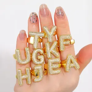Open-mouthed English letter ring - gold-plated copper with zirconia stones. High-end and luxurious style. Open-ended finger ring. Ideal gift for couples, parents, friends, or oneself. Marina Chain Necklace Heart Bear Flower Box street mob chain curb stack