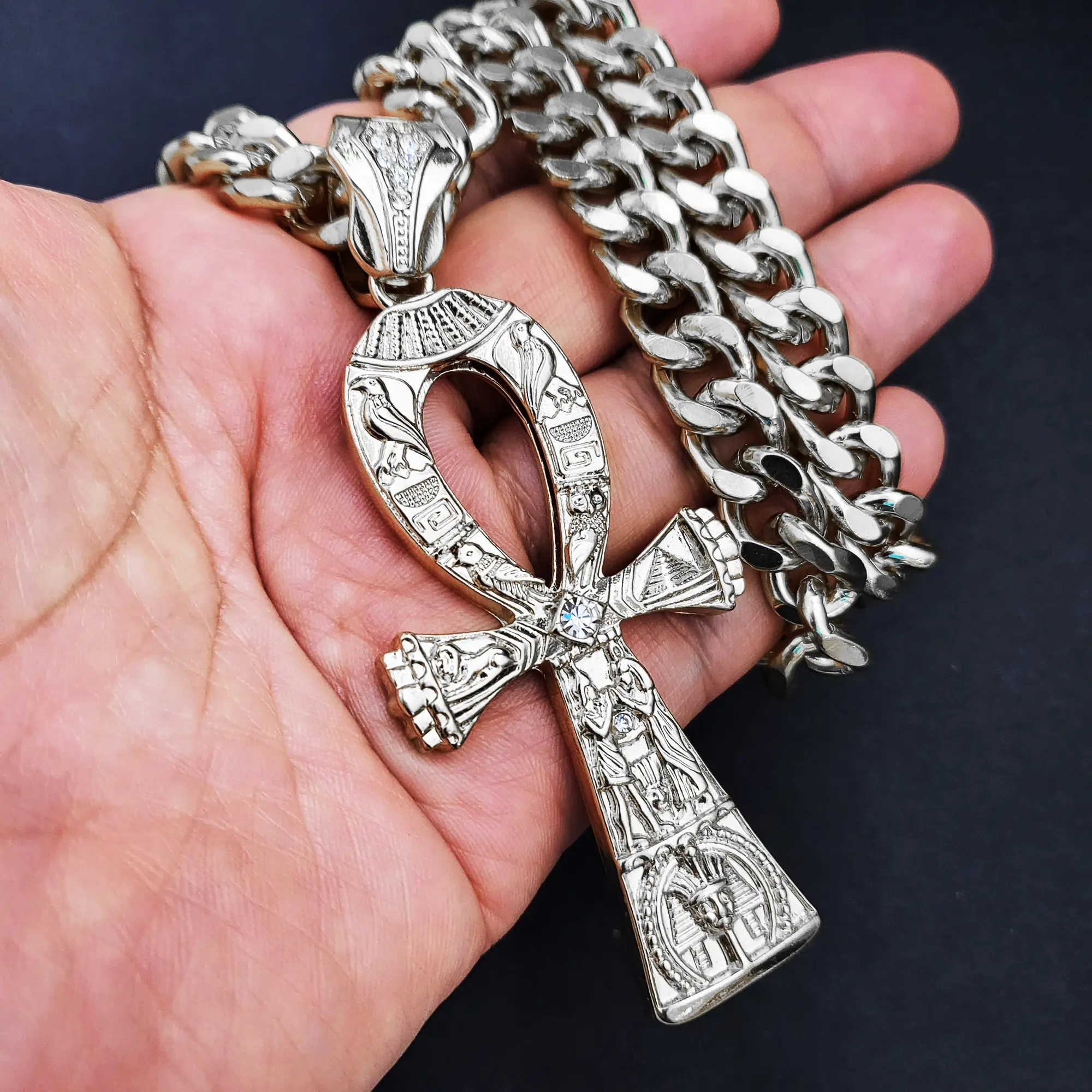 MaxBling81 Hip Hop Iced King Tut Ankh Necklace for Adults, Large Gold-Plated Pendant, 10mm Cuban Gold Statement Chain (18-30in), Large Size Daily Wear Costume Jewelry Accessory, Ankh Necklaces, Men's Accessories, Gold Jewelry Chain, Trendy Necklace