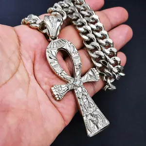 MaxBling81 Iced King Tut Gold-Plated Large Ankh Cross Life Symbol Hip Hop Charm Pendant & 10mm Cuban Link Chain Necklace Jewelry Accessories, Multi-Length (18in, 20in, 24in, 30in) for Daily Wear