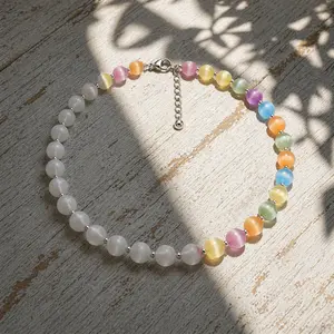 Rainbow Beaded Choker Necklace – UV Reactive Color Changing, Waterproof Stainless Steel, Dopamine Style Colorful Summer Jewelry, Stackable Layered Necklace