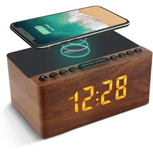 Wooden Digital LED  Clock FM Radio,   Charger Station for / Galaxy, 5 Level Dimmer, USB  Port, 9 Sounds, Sleep Timer for Bedroom, Bedside, Desk