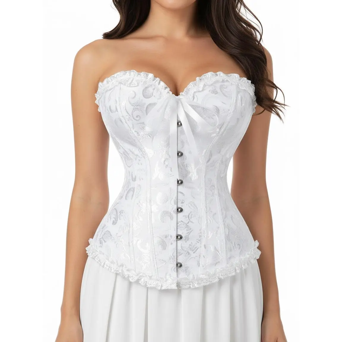 Women Jacquard Overbust Corset Top Boned Bustier Waist Cincher Steampunk Victorian Bodice Renaissance Faire Outfit Bridal Bachelorette Costume Y2K Vintage Aesthetic Elegant Layering Snatched Shapewear Adjustable Lace Up Fit