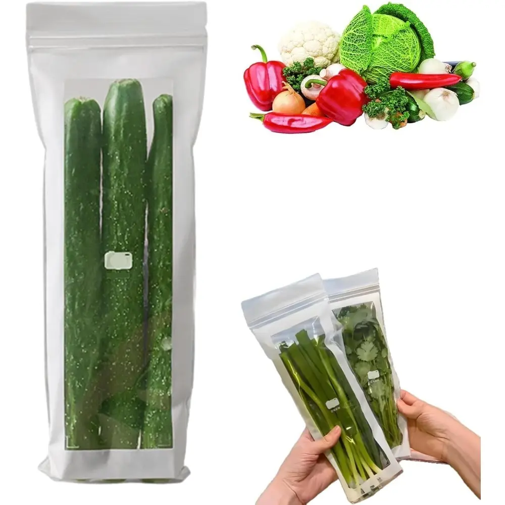 50pcs Long Sealed Bags For Vegetables, Food Grade Fresh-Keeping Bags, Double Seal Reusable Produce Bag, For Fruit Vegetable Refrigerator Storage Kitchen