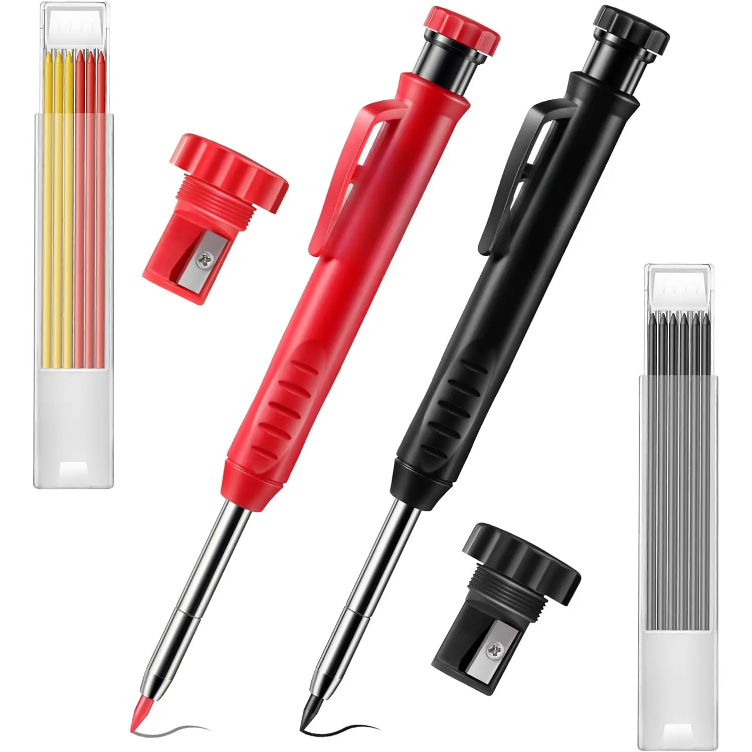 2-Pack Plastic Carpenter Mechanical Pencils (Black, Red) - 45 mm Long Nose, 14-Refill Pack, Built-In Sharpener, Pen Clip Design, for Woodworking (Father's Day Gift Option)