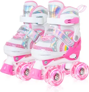 Adjustable Rainbow Quad Skates for Girls Kids, Full Light Up Wheels Roller Skates, 4 Sizes Adjustable Beginner Skates, Perfect Birthday Gift for Indoor Outdoor Sports