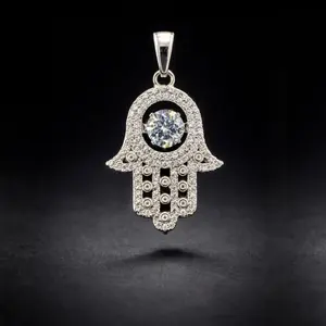 Moissanite Hamsa Hand Pendant 0.96” Gold & White Finish Center Stone